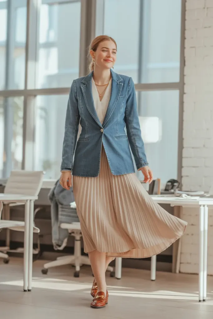 Professional woman in a tailored blue denim blazer and flowing beige pleated midi skirt combination, styled with cream top and brown loafers in a modern office – trendy denim blazer and skirt combinations for relaxed business attire