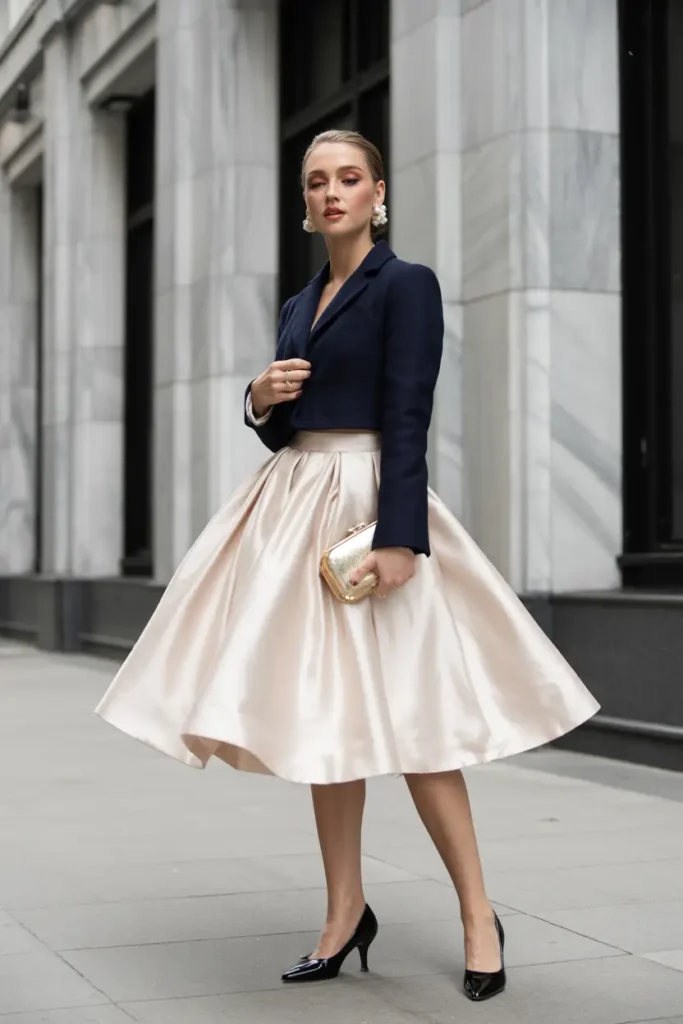 Woman in a cropped navy blazer and dramatic champagne satin full midi skirt combination, styled with white shirt cuffs, black heels, and gold clutch in front of marble columns – glamorous blazer and skirt combinations for sophisticated event and professional attire