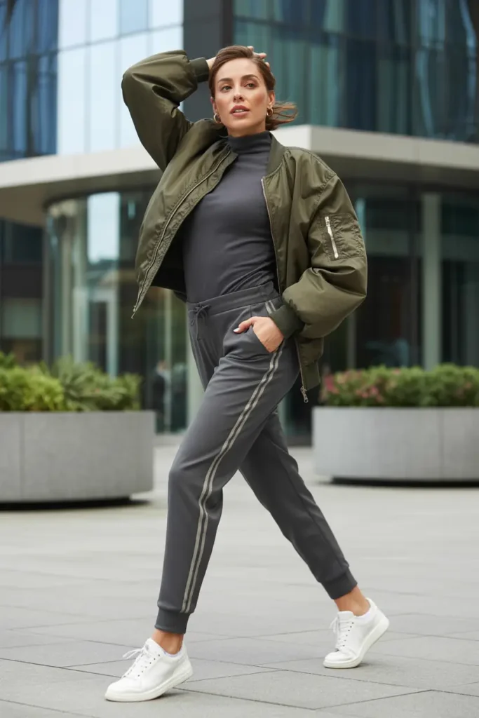 Full-length fashion portrait of a woman walking confidently in a sporty chic outfit, wearing an oversized olive green bomber jacket over a grey fitted top and matching grey joggers with side stripes, paired with white sneakers in a modern city plaza