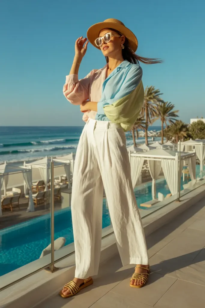 Stylish Dubai winter outfit ideas for beach clubs: confident woman in light pink and blue oversized shirt, white wide-leg linen trousers, straw hat and gold sandals posing by infinity pool with ocean view