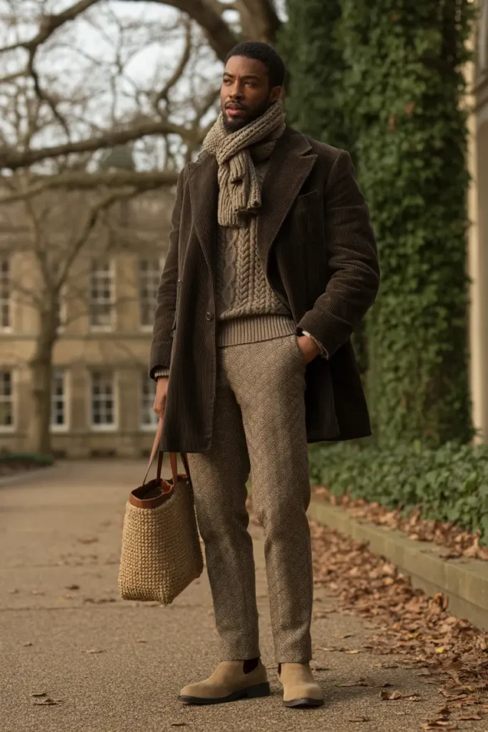 Dark academia outfit idea for winter: man in brown corduroy overcoat, beige cable-knit sweater and scarf, patterned trousers, suede boots, and woven tote on autumn campus path