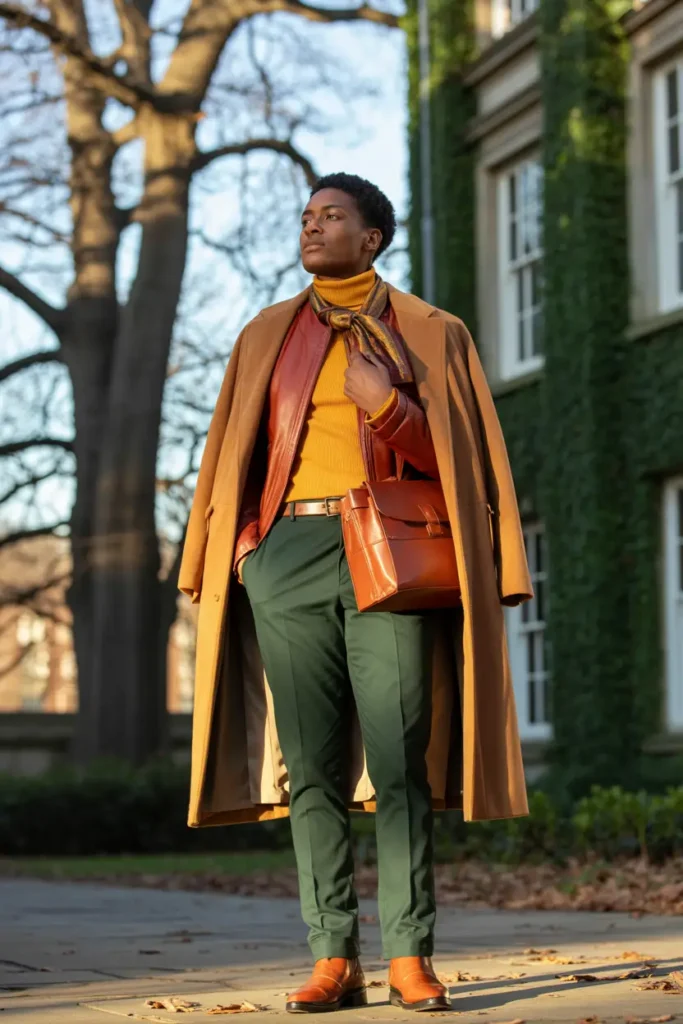 Dark academia outfit idea for winter: person in camel overcoat over burgundy leather jacket and mustard turtleneck, green trousers, patterned scarf, and leather satchel against ivy building