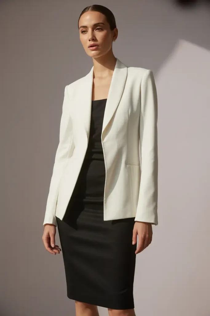 Professional woman in an open ivory white shawl collar blazer and fitted black strapless midi dress skirt combination against a neutral background – chic monochrome blazer and skirt combinations for sophisticated office and evening wear