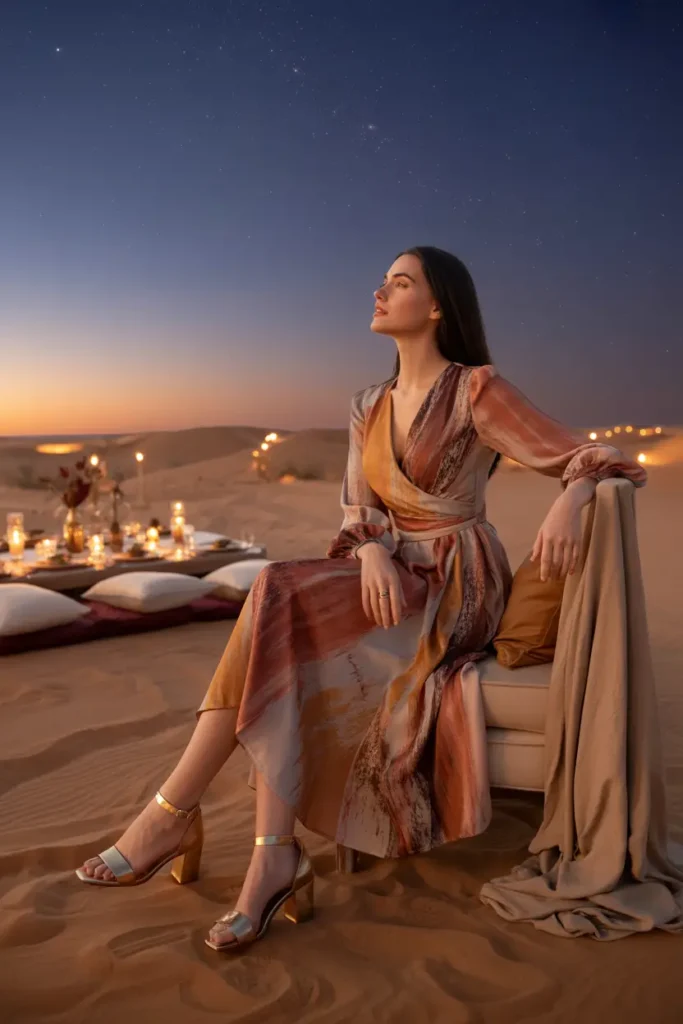 Dreamy Dubai winter outfit ideas for desert evenings: elegant woman in shimmering multi-tone wrap maxi dress sitting on luxury desert setup under starry night sky with candlelight and dunes