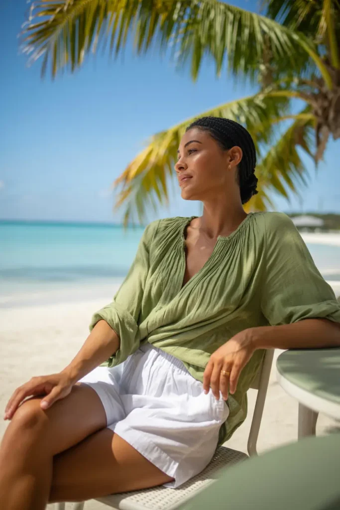 Relaxed summer beach outfit featuring a sage green tunic top and white shorts worn by a woman sitting in the shade of a palm tree.