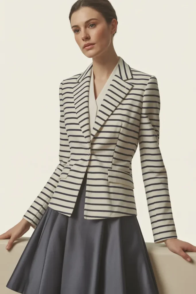 Professional woman in a tailored cream blazer with navy stripes and voluminous navy satin full midi skirt combination, layered over a neutral blouse in a studio setting – stylish striped blazer and skirt combinations for modern office and formal wear