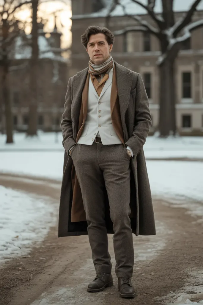Dark academia outfit idea for winter: man in charcoal herringbone overcoat over gray waistcoat, white shirt, brown tie and scarf, tweed trousers, and boots in snowy setting