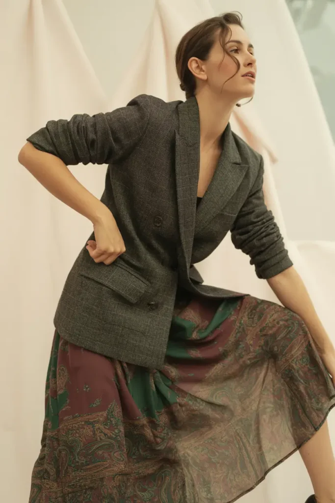 Professional woman in an oversized charcoal grey plaid double-breasted blazer and flowing paisley print midi skirt combination in burgundy and green tones – eclectic patterned blazer and skirt combinations for creative office and statement styling