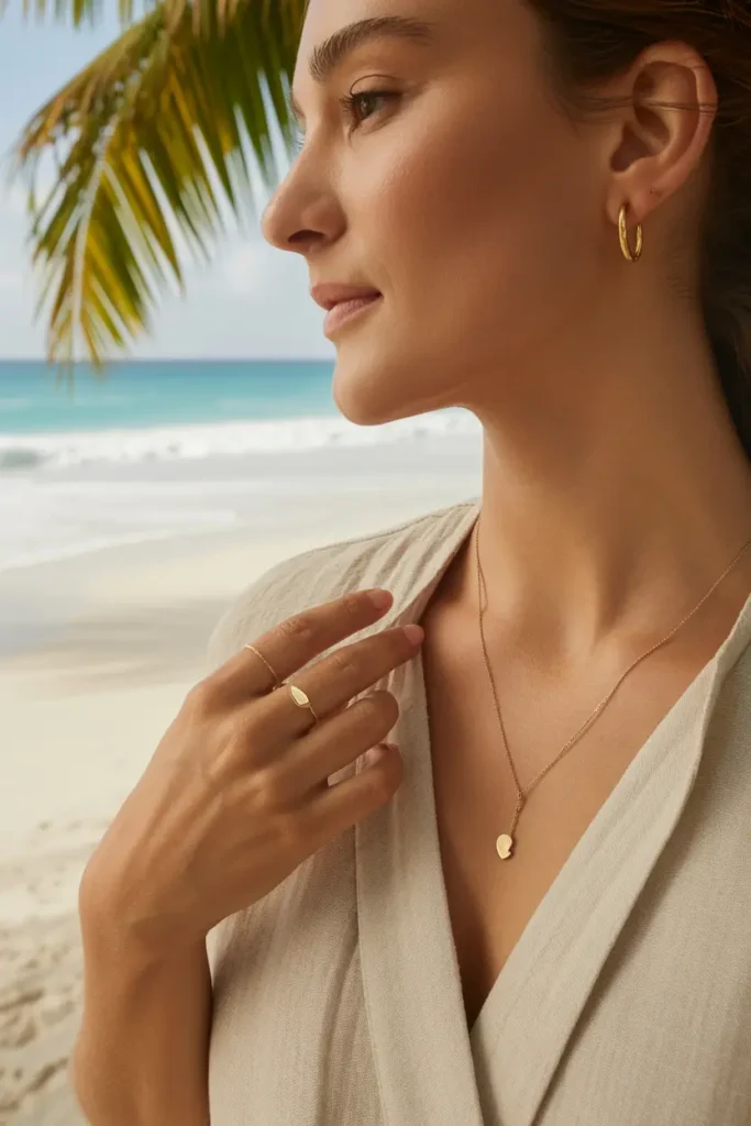 Detail shot of minimalist gold beach accessories featuring a delicate necklace and ring worn with a textured beige summer top against a tropical background.
