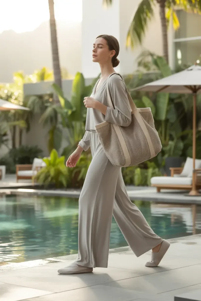 Relaxed Dubai winter outfit ideas for resort days: woman in soft grey long-sleeve top and wide-leg matching pants carrying a large woven tote bag walking by luxury pool with palm trees