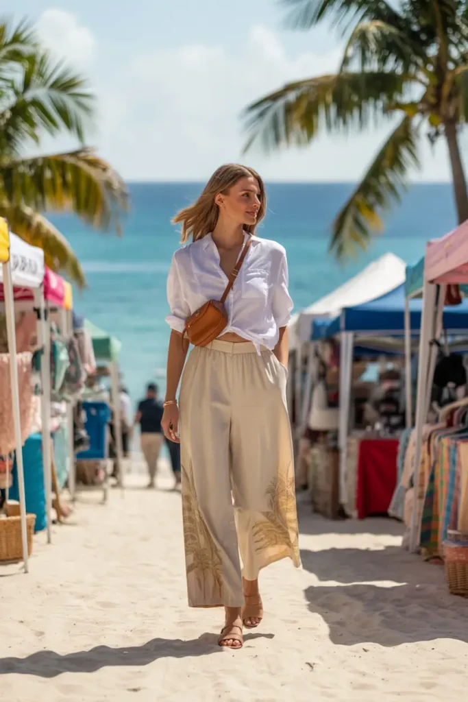 Casual vacation shopping outfit featuring wide-leg linen pants and a cropped white shirt worn by a woman exploring a seaside market.