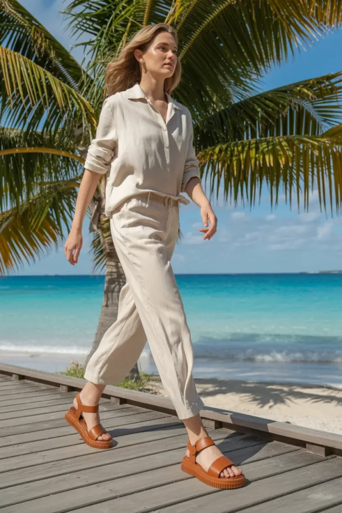 Chic winter resort wear featuring a monochromatic beige linen set and brown leather platform sandals, perfect for a tropical vacation boardwalk stroll.