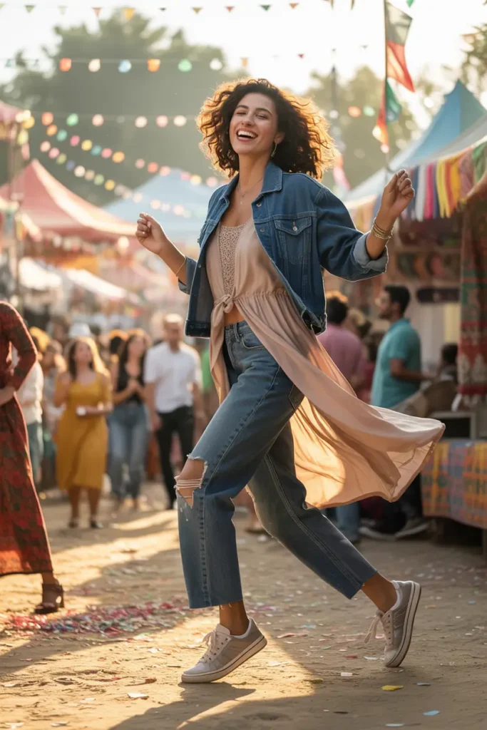 Vibrant Dubai winter outfit ideas for souks and markets: joyful woman dancing in blue denim jacket, beige crop top, long beige maxi skirt over ripped jeans and sneakers in colorful outdoor festival setting