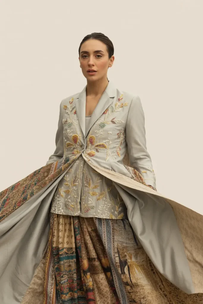 Woman showcasing an embroidered light grey blazer with floral beadwork and dramatic multilayered maxi skirt featuring paisley and scenic prints in rich colors – artistic embroidered blazer and skirt combinations for high-fashion and elegant formal occasions