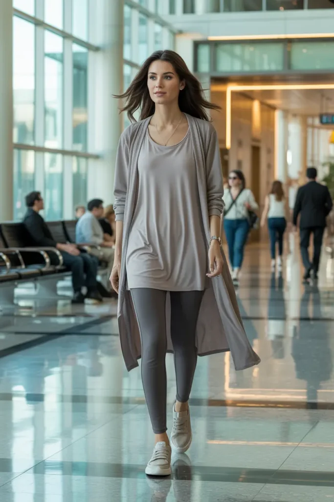 Practical Dubai winter outfit ideas for travel: woman in grey long cardigan over matching tunic top, dark leggings and white sneakers walking confidently through busy Dubai airport terminal