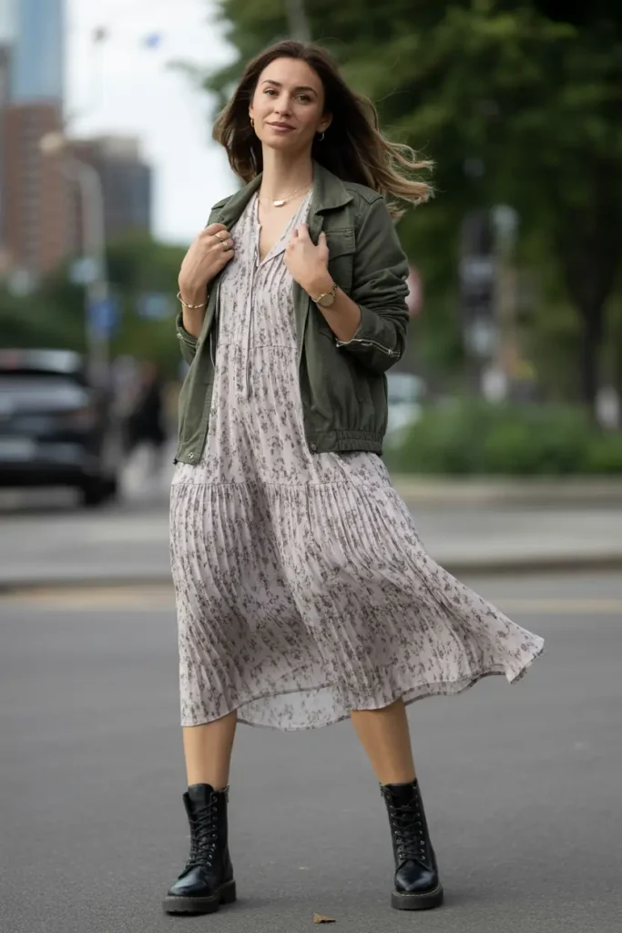 Woman wearing a flowing floral midi dress styled with black combat boots for a feminine yet edgy outfit