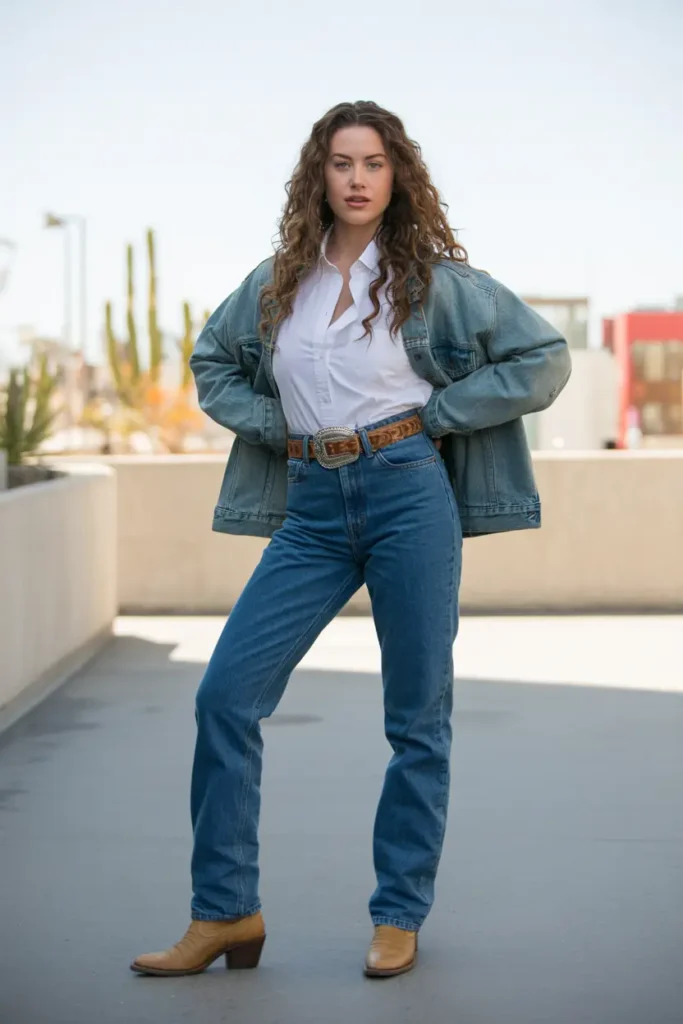 Confident young woman wearing high-waisted blue jeans, white button-down shirt, statement western belt, tan leather cowboy boots, and denim jacket in modern Cowboy Boots Outfits rooftop style