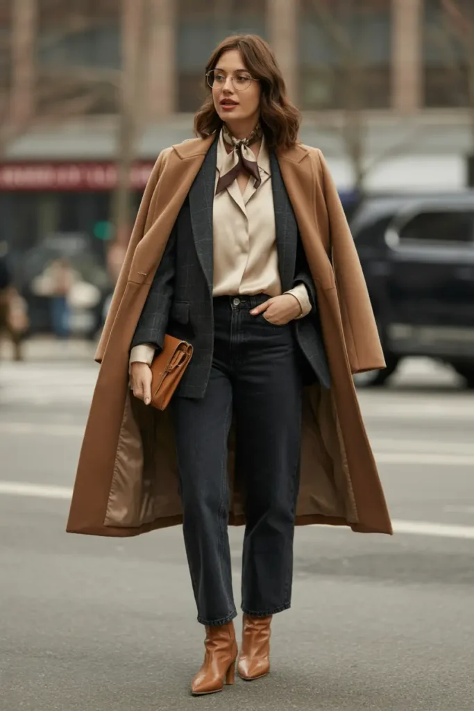 Woman wearing a cream blouse, wool blazer, dark jeans, camel coat, and leather boots styled as a classic winter business casual outfit