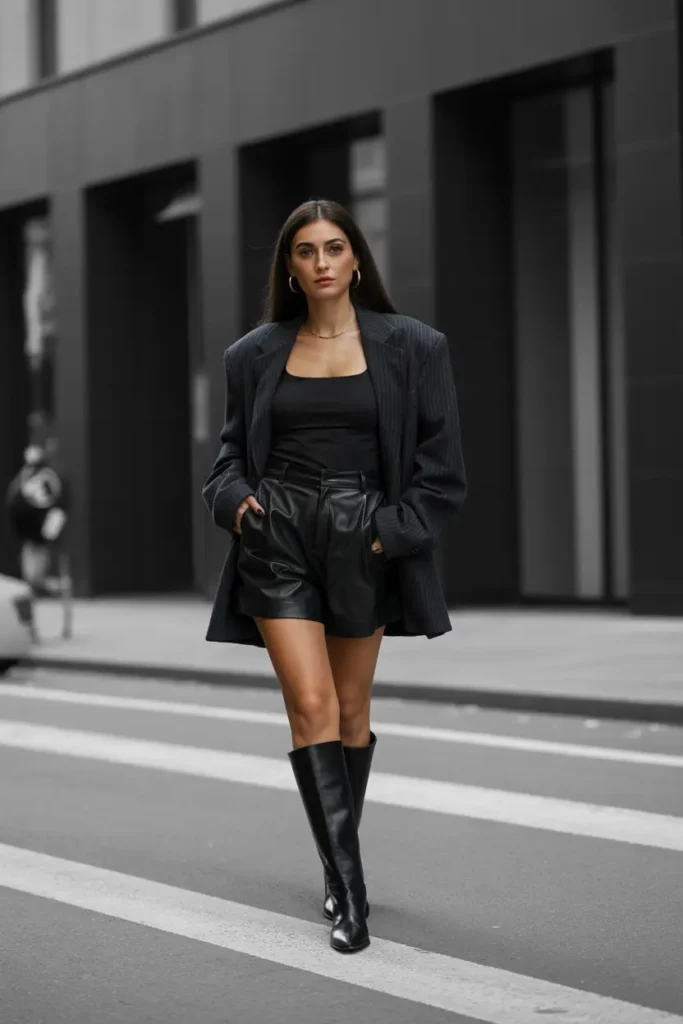 Fashion-forward boots with shorts outfit featuring black leather shorts paired with knee-high boots and an oversized blazer