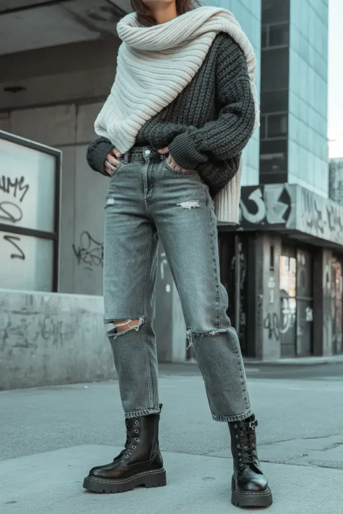 Chunky combat boots paired with distressed jeans for an edgy boots and jeans outfit with winter street style appeal