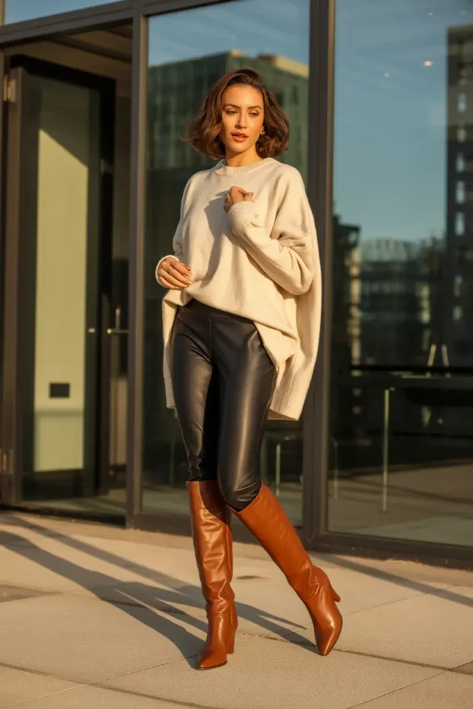 Knee high boots with leggings styled for a bold and flattering outfit that creates a streamlined and elongated silhouette