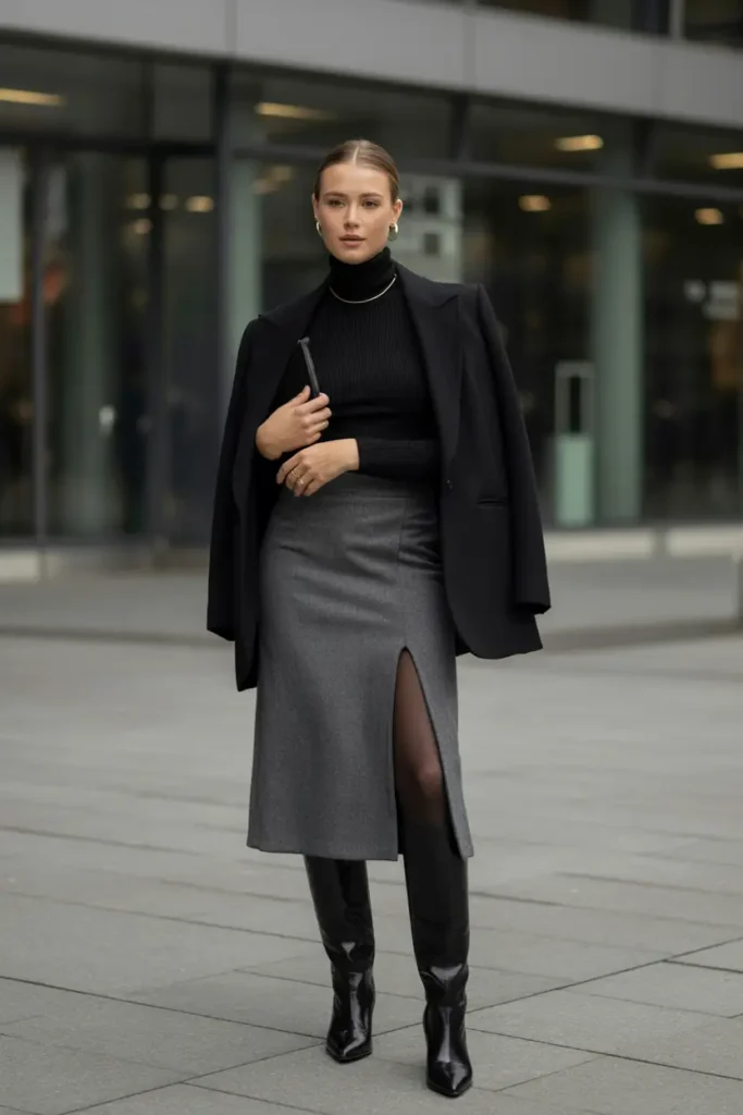 Professional woman in a black turtleneck, grey midi skirt, tights, knee-high boots, and oversized blazer in a minimalist winter office look
