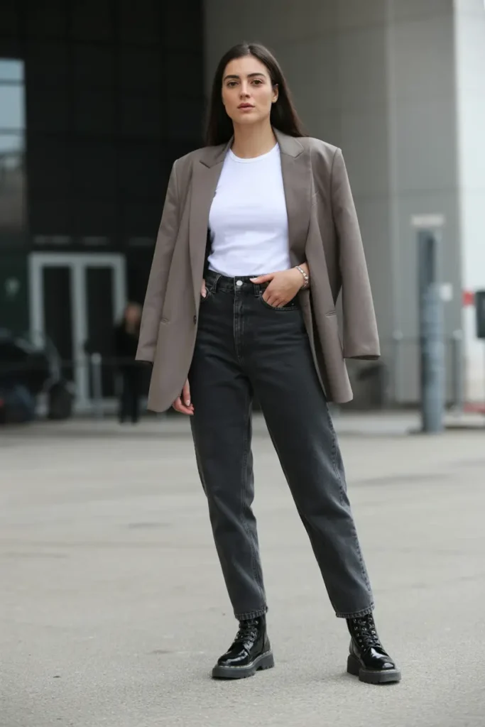 Woman wearing an oversized blazer, dark jeans, and black combat boots in a polished street style look