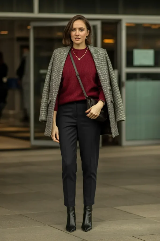 Woman wearing a burgundy cashmere sweater, tweed blazer, tailored trousers, and ankle boots styled for winter business casual fashion