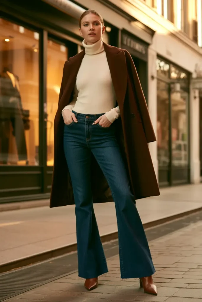 Pointed toe booties styled with flared jeans creating a leg-lengthening boots and jeans outfit for winter