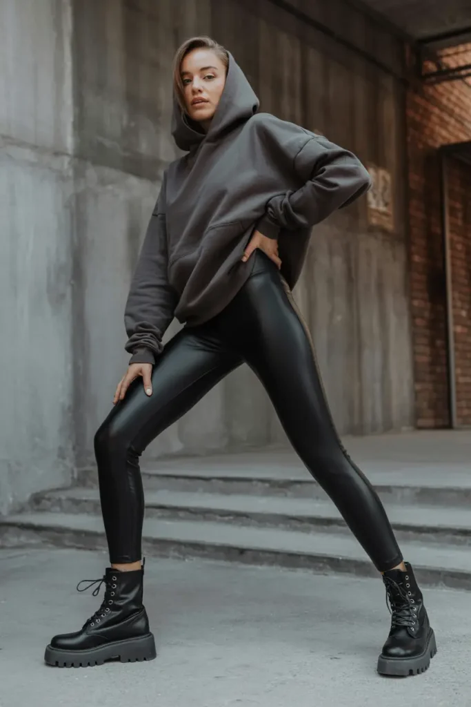 Combat boots with leggings styled in an edgy athleisure outfit that balances comfort with modern street style