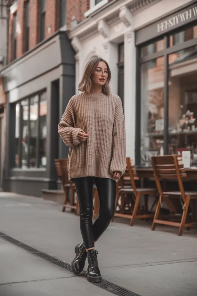 Woman styled in an oversized knit sweater, black leggings, and combat boots for a cozy casual outfit