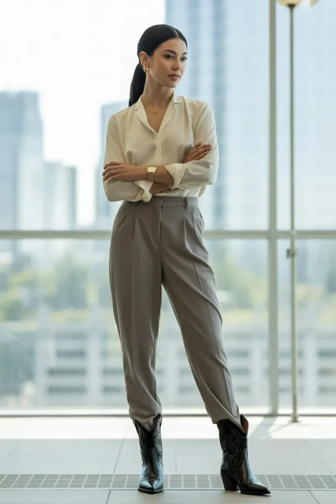 Confident professional woman wearing tailored gray trousers, cream silk blouse, and black ankle cowboy boots in polished office-ready Cowboy Boots Outfits