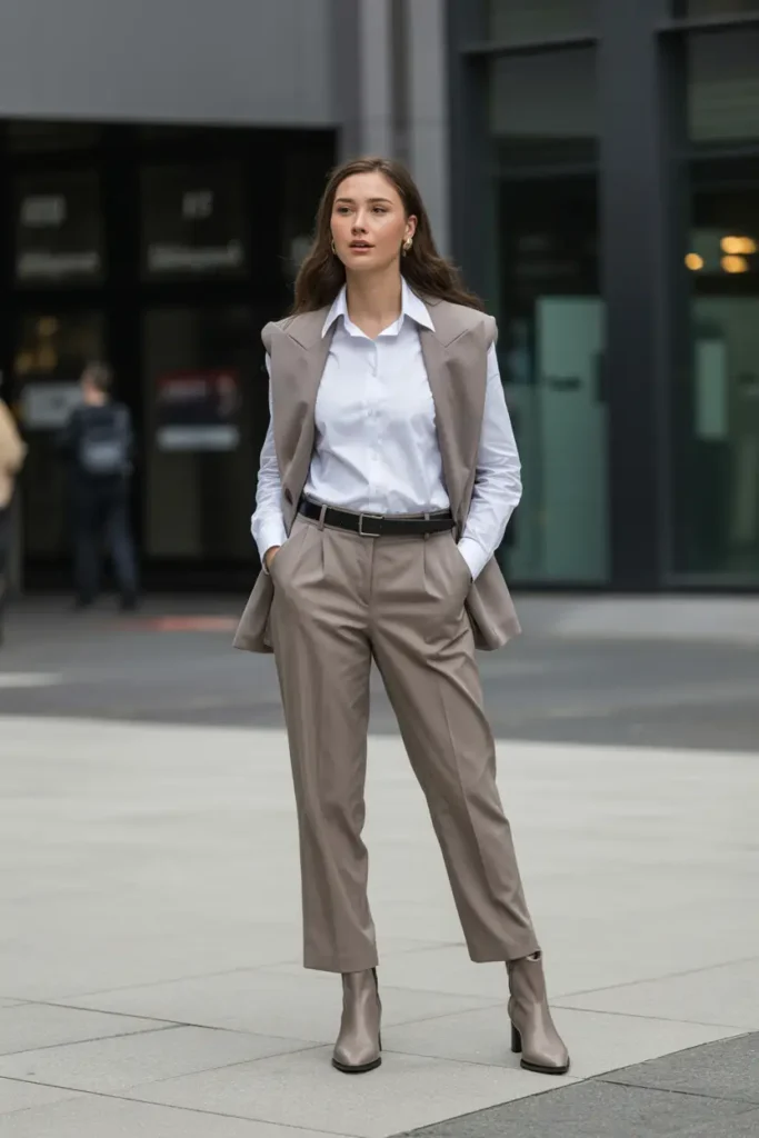 Professional woman wearing tailored trousers, a button-down shirt, and sleek combat boots in a modern office setting