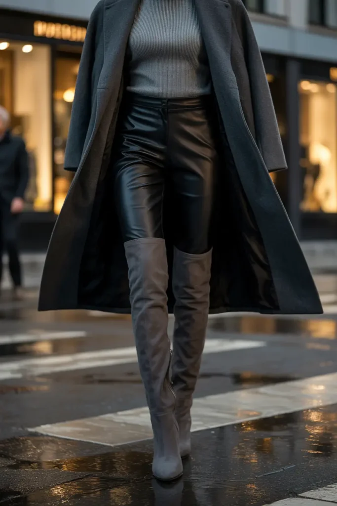 Over the knee boots with leggings styled for an elegant evening outfit featuring a sleek and sophisticated silhouette