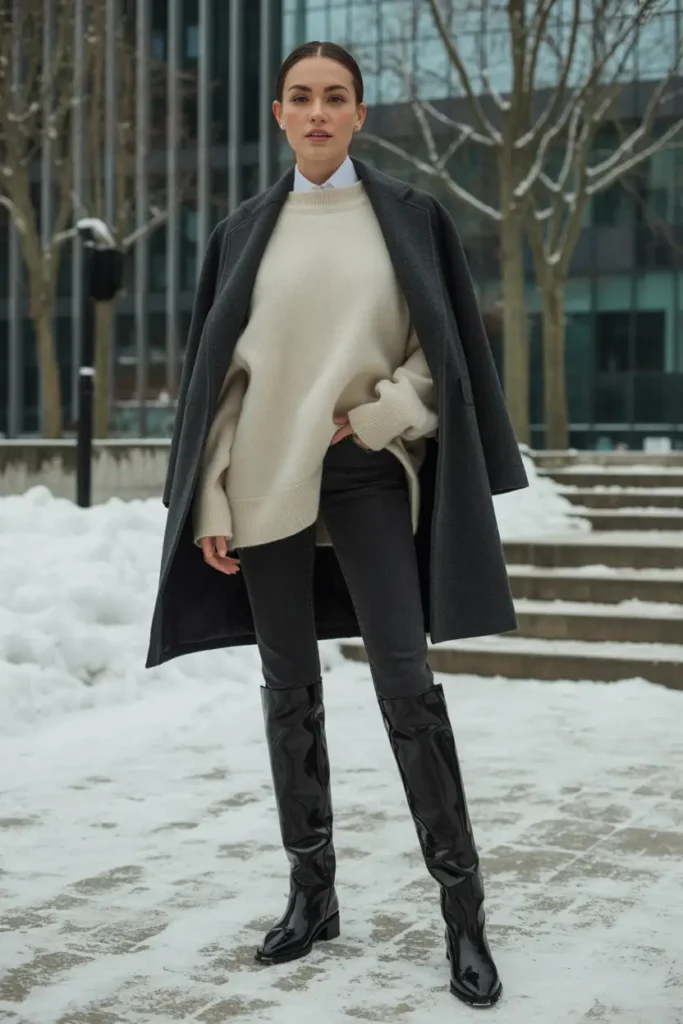 Knee-high boots with skinny jeans tucked in for a sleek and warm boots and jeans outfit during winter