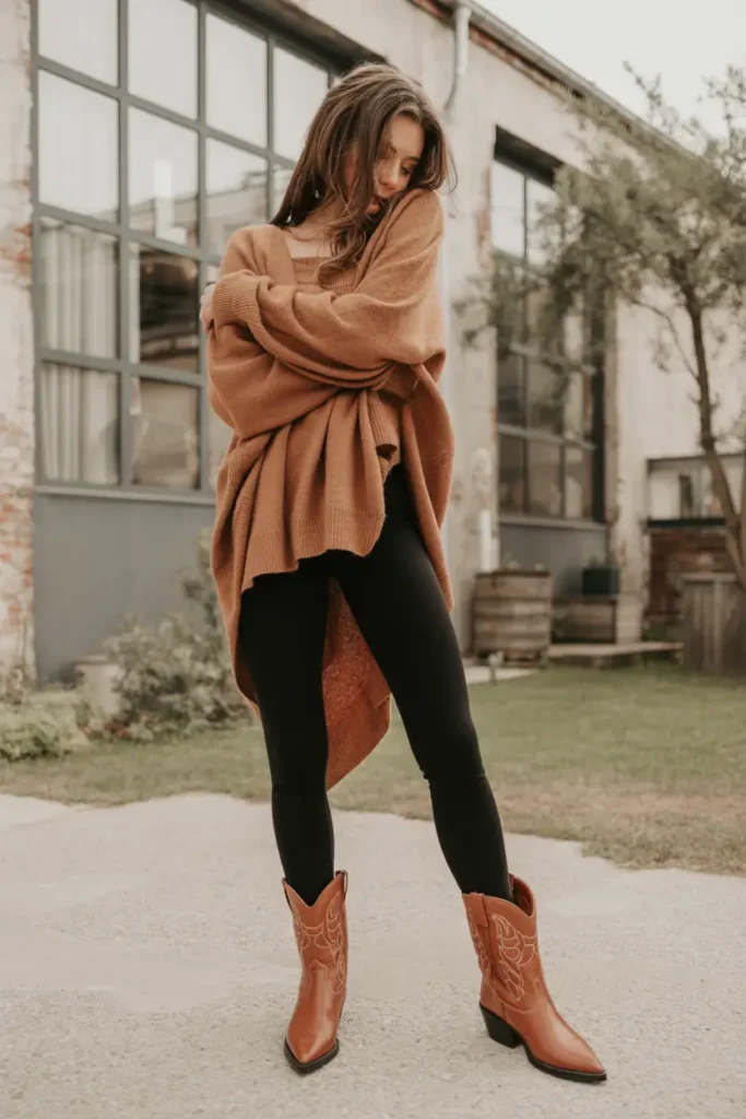 Western boots with leggings styled in a boho chic outfit that adds personality and texture to a casual look