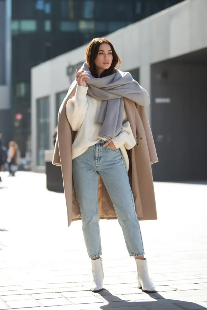 White ankle boots paired with light wash mom jeans for a modern and fresh boots and jeans outfit in winter