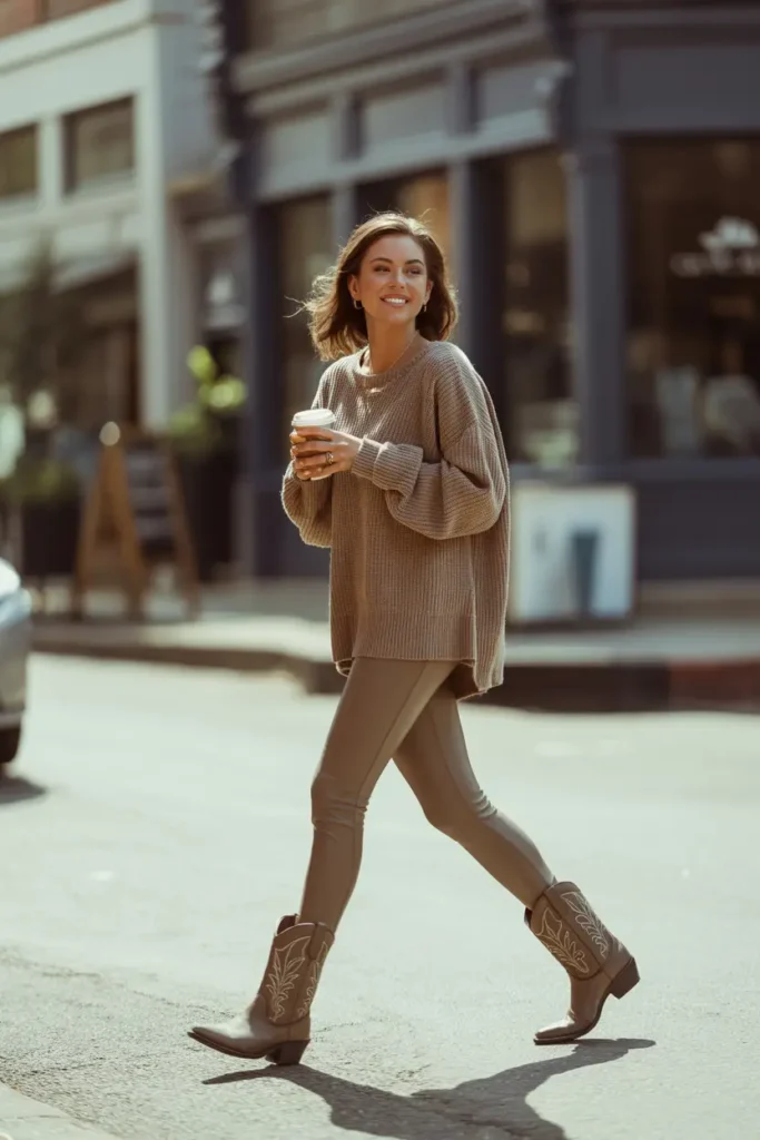 Woman wearing oversized sweater, leggings, and cowboy boots in a casual weekend Cowboy Boots Outfits street style look
