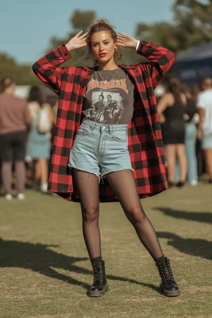 Woman wearing denim shorts, a band t-shirt, and combat boots styled for a music festival