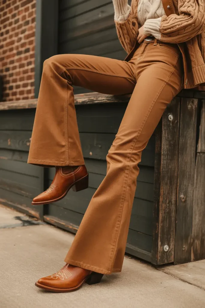 Cowboy boots styled with bootcut jeans creating a western-inspired boots and jeans outfit for winter wear