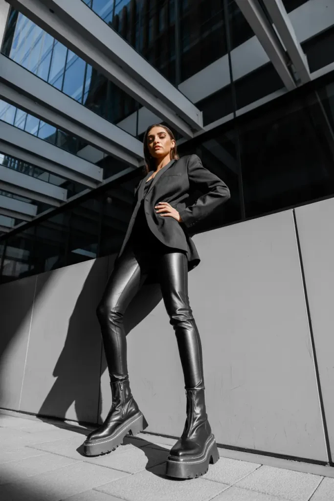 Platform boots with leggings creating a bold fashion forward outfit that adds height while maintaining comfort