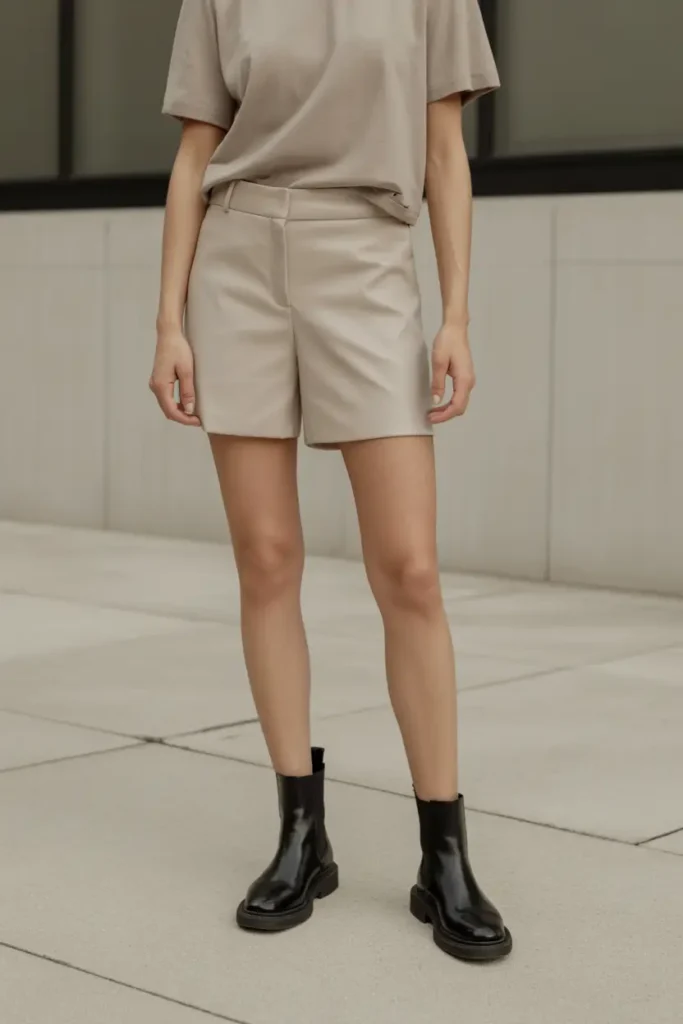 Minimalist boots with shorts outfit featuring tailored neutral shorts styled with classic Chelsea boots