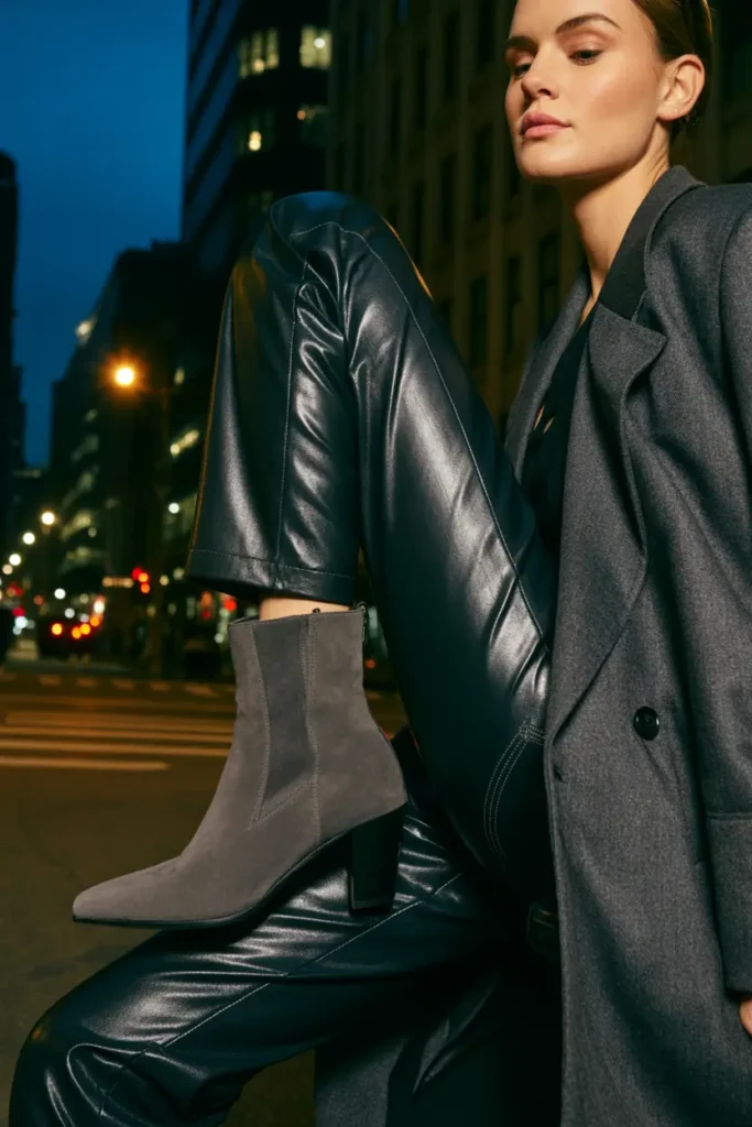 Suede boots paired with coated leather-look jeans for a chic and elevated boots and jeans outfit at night