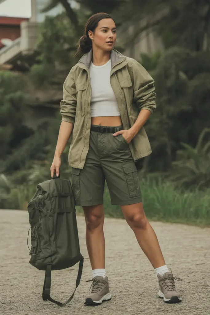 Utility-inspired boots with shorts outfit featuring hiking boots paired with cargo shorts for a functional yet stylish look