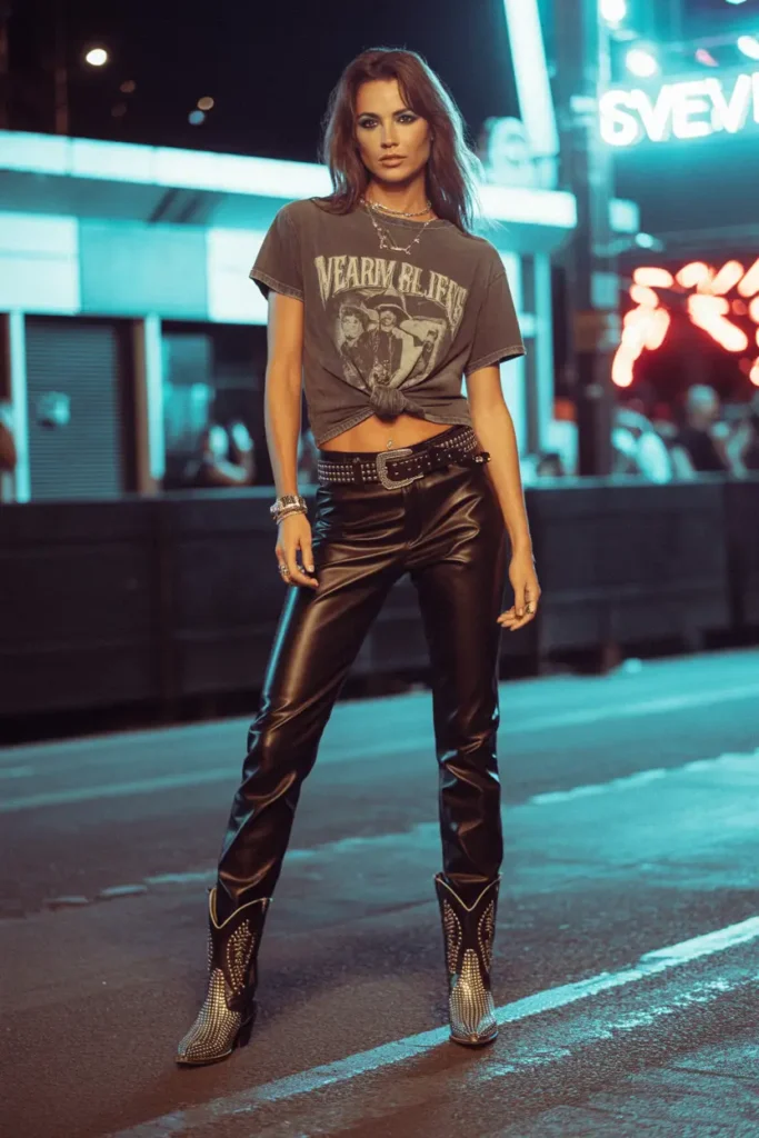 Woman in leather pants, band t-shirt, and studded cowboy boots creating bold rock western Cowboy Boots Outfits