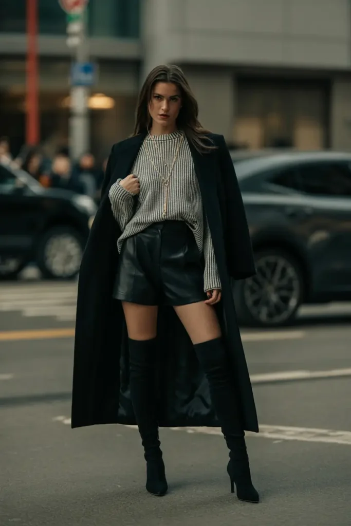 Bold boots with shorts outfit featuring thigh-high boots styled with structured mini shorts and oversized layers