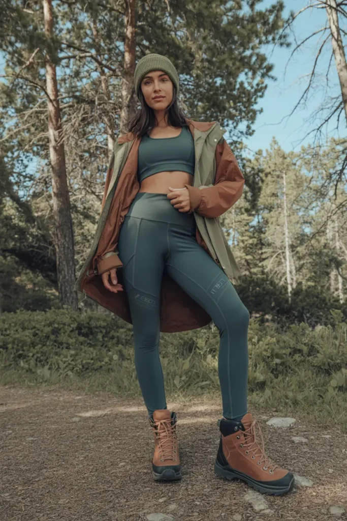 Hiking boots with leggings styled for an outdoor adventure outfit that combines function, comfort, and style