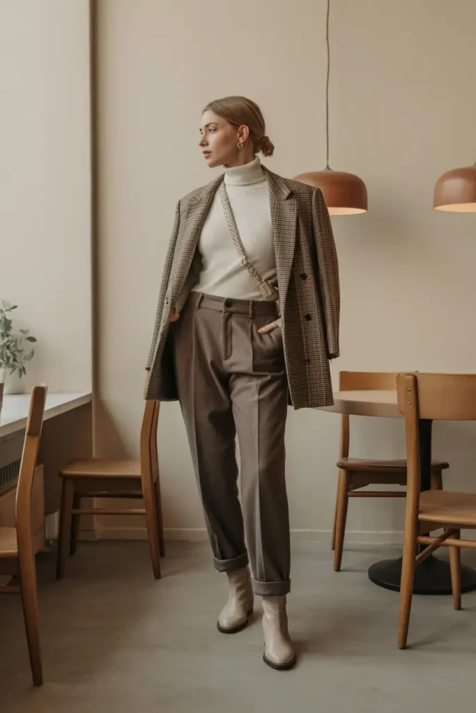 Woman wearing eco-friendly winter business casual clothing including a turtleneck, wool trousers, blazer, boots, and scarf