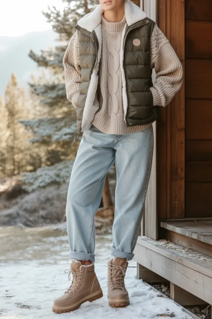 Sherpa-lined hiker boots paired with boyfriend jeans for a cozy and casual boots and jeans outfit in winter