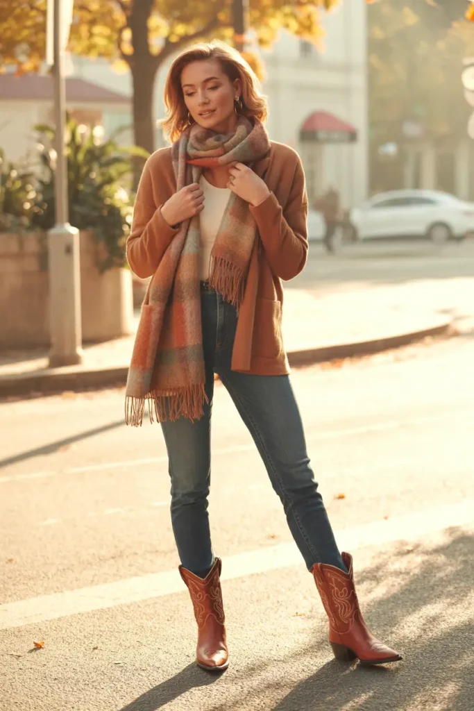 Woman wearing skinny jeans, cardigan, scarf, and earth-tone cowboy boots in autumn Cowboy Boots Outfits